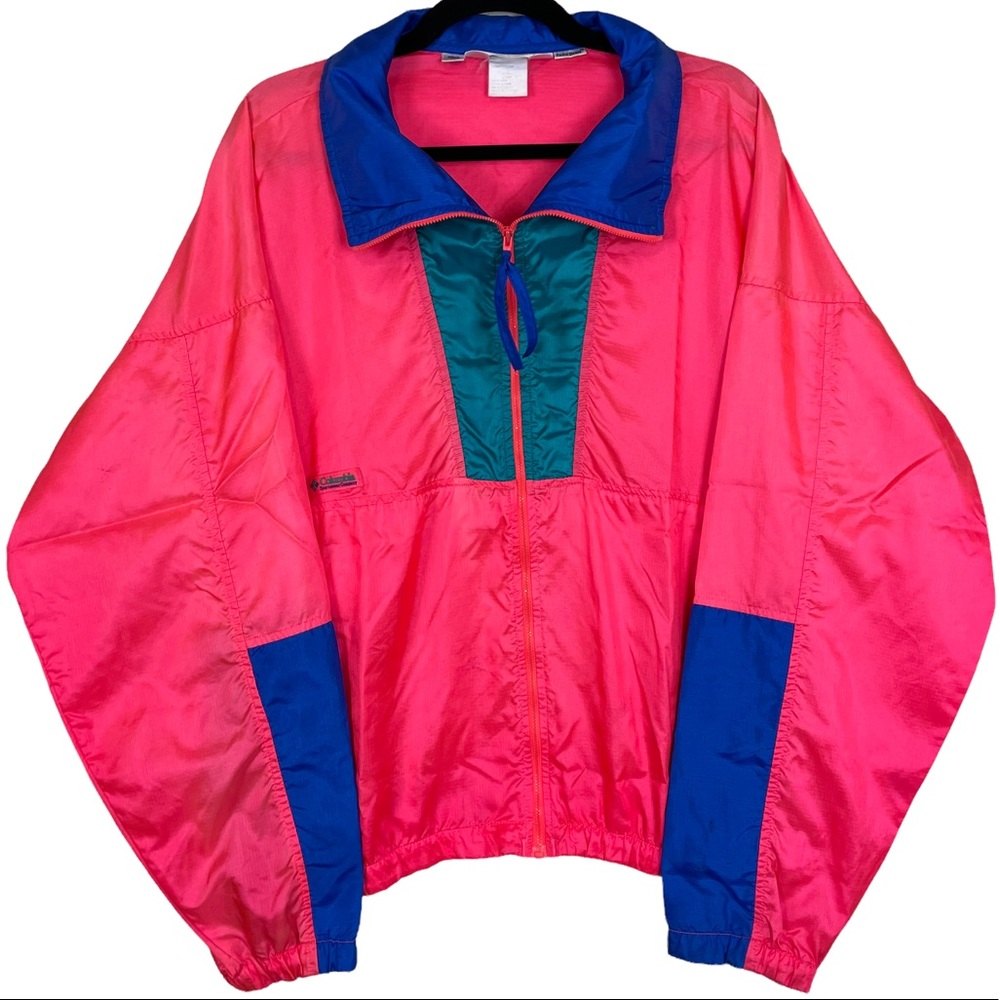 Vintage Neon Columbia Full Zip Windbreaker Zipper Pockets Radial Sleeve Mens XL